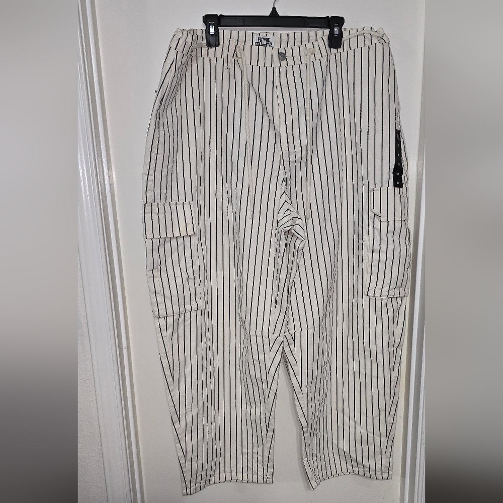 #1382 Future Collective Black and White Striped Barrel Leg Jeans Cargo Pants - Picture 2 of 8